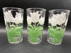 Vintage Mid Century TULIP White & Green Drinking Glasses 8 Oz MCM Set of 6 VG+++