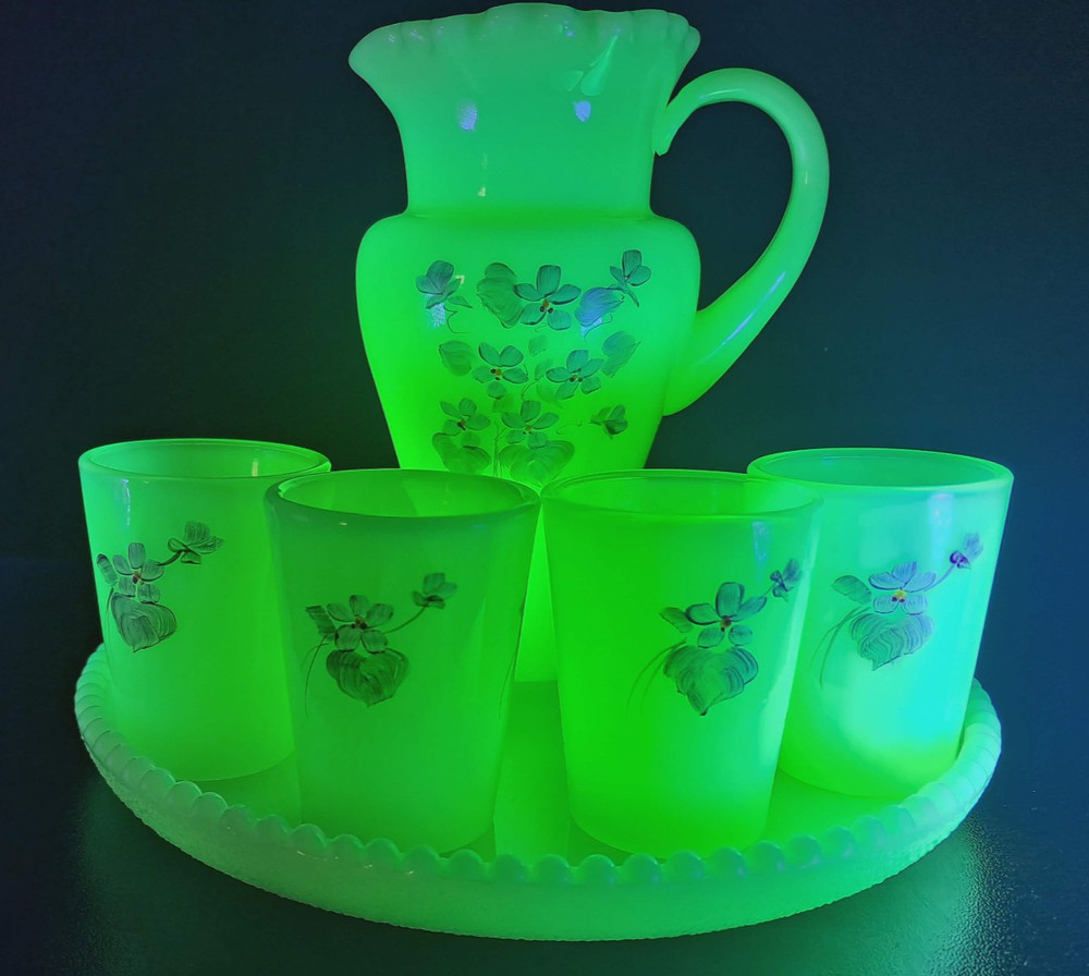 6 PC Fenton custard floral hand painted signed Uranium Lemonade set w/ Box