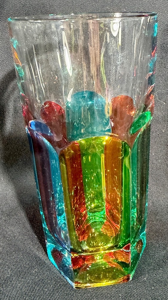 Murano Glass Tumbler w Vibrant Multicolor stripes- Stunning!