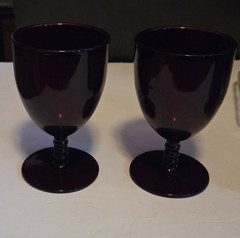 Vintage Ruby Red Water Goblets / Wine Glasses Set of 2 Stacked Ring Stem 5.5″