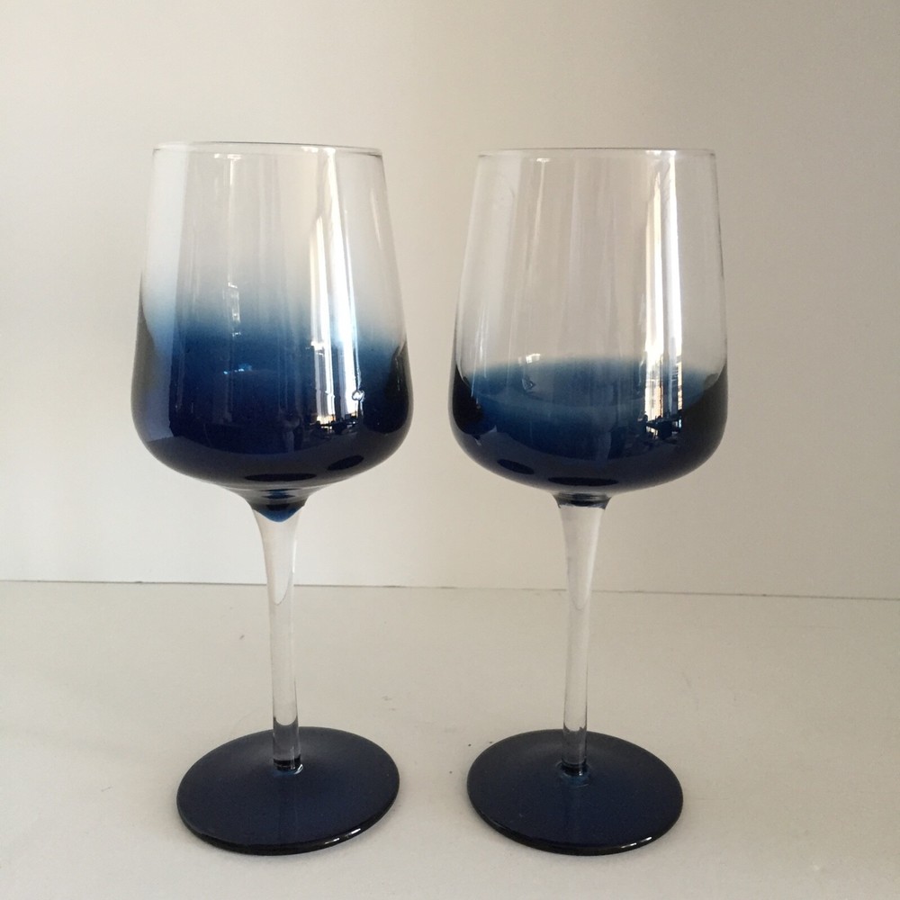 Pier 1 One Elemental Water Goblet Glasses Clear Stem Blue Bowl 16oz Set of 2 EUC