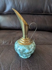 Vintage Delft Holland Brass and Marbled Robin Blue Hand Painted Pitcher Vase