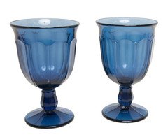Vintage Noritake Provincial Colonial Dark Blue Water Goblet Set of 2 Paneled