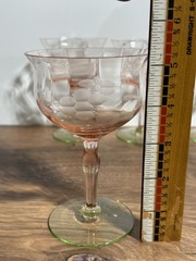 4-Vtg Weston Pink & Green Watermelon Paneled Etched Elegant Wine Glasses UV Glow