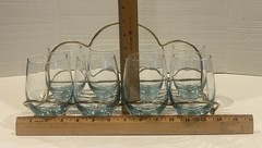 MCM Vintage 9Pc Libbey Tempo Auqa Blue Tumbler & Brass Metal Caddy Set