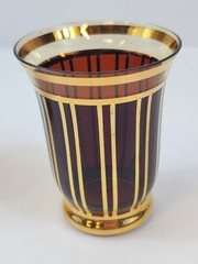 VTG MCM Art Deco Czech 3 Cocktail Glasses Gold Stripes Modernist Dark Amber Red