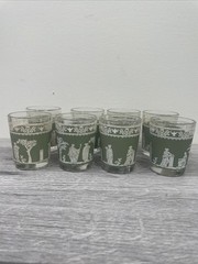 Wedgwood Jeanette Hellenic Vintage Jasperware Green Grecian 8 Shot Glasses.