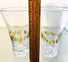 2 Hand Blown Art Glass Tumblers Applied Glass Tiles Yellow Green Purple 6.25” T