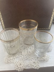 Lot of 3 Vintage Liqueur Shot Cordials Clear Glass Gold Band Trim Barware Varied