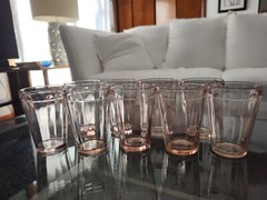 Hazel Atlas 3 1/4″ Juice Glasses 4 oz Vintage Pink Optics Panels Slopes Set 9