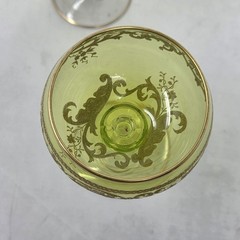 VINTAGE St Louis Crystal Wine Hock Peridot Green Gold Trim Clear Stems Set of 7