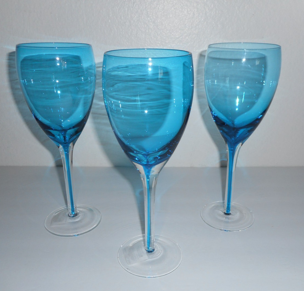 Set of 3 PIER 1 Blue Goblets Mouth Blown Hand Wash Wine Glass New With Tags