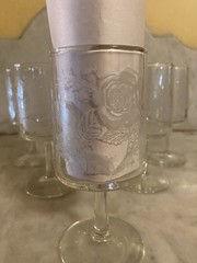 Vintage Set Of 6 Rose Etched Pattern Glass Wine Cocktail Glass