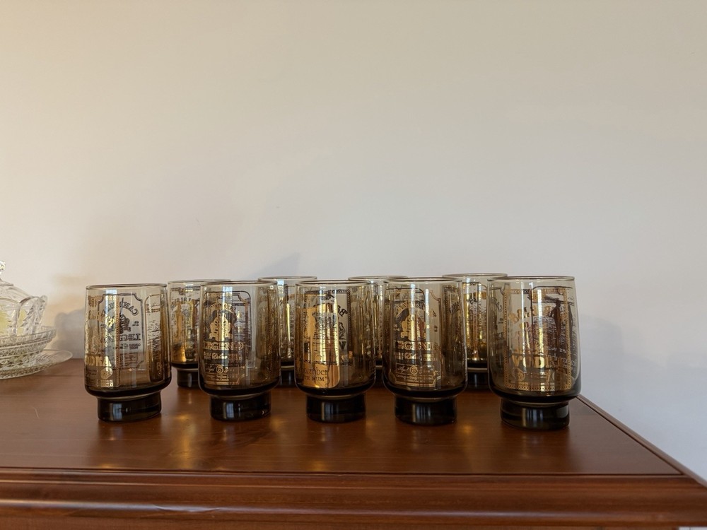 Set 9 VTG Smoke Gray Canadian Legend Whiskey Rocks Glasses Carrington Distillers