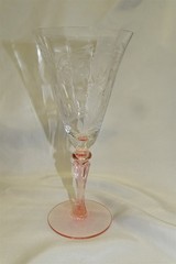 Tiffin 7 Water Goblets Stem 15071 Floral Etched with Pink Stem & Base