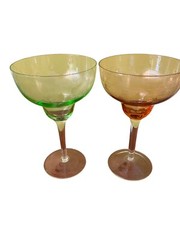 Vintage Multicolor Atomic Margarita Glasses Etched MCM 7” Set of 4 Bar Ware