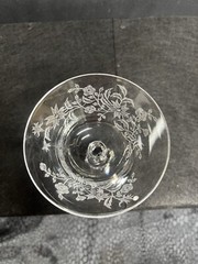 2 Stunning Vintage MCM Fostoria Chintz? Clear Stemmed Wine Glasses Floral Chip