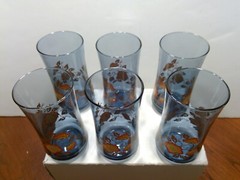 Vintage Set of 6 Libby Franco Bolero Blue 5 1/4″ Tumblers with Poppies