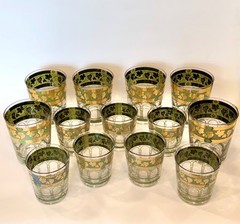 Vintage Green Cera Glass Golden Grapes 22k Gold Barware Set of 13, MCM 1964.