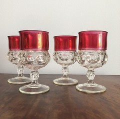 Tiffin Glasses Kings Crown Thumbprint Cranberry Footed 5.75” 6 Oz Goblets Set 4