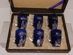 Vintage Cobalt Cut‑to‑Clear Crystal Demitasse Glasses-Boxed Set of 6–Bohemian