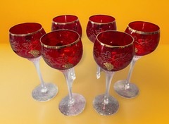 6 Vintage Bohemian Ruby Red Crystal Wine Glasses, Gilded Grapes & Rim, VGC, 7”H