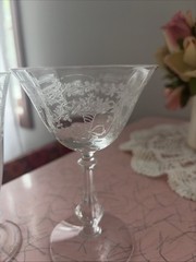 2 Pcs Fostoria Crystal CORSAGE Glass Goblet Etched Tea Goblet & Champagne Coupe