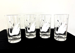 1960s Glass SWAN & CATTAIL WHITE Clear Glasses Tumblers – Set of 4 – 5.25″H MCM