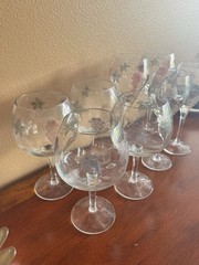 8 Rosenberg Hand Painted Romanian Wine Glasses Set Etched Grapes Leaves Design