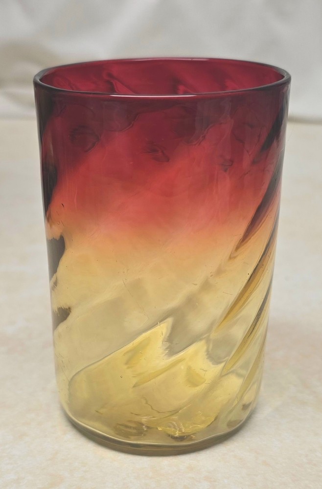 Victorian Cranberry To Amber Swirl Art Glass Tumbler Hand Blown 3 3/4″