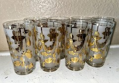 Lotus “Bon Appetite” Set Of 8 Glasses W/Carrier Fish Lobster MCM Vintage NOS