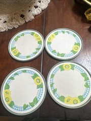 Set 4 Corelle Coasters SUNSATIONS Corning Sunflowers Blue Gingham MCM Retro K1
