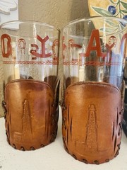 2 ~ LIBBEY BAMCO Western Cattle Brands GLASSES w LEATHER Cozies TEXAS OIL RIGS