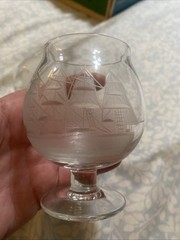 2-VINTAGE Mcm Cutty Sark Whiskey Etched Glass Clipper Ship Brandy Snifter Nautic