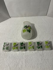Vintage FROSTED GLASS PITCHER and 6 JUICE GLASSES Green Floral Design