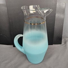 VTG Glass Blendo mid Century Blue Pitcher Frosted Gold Trim Water Juice Bar