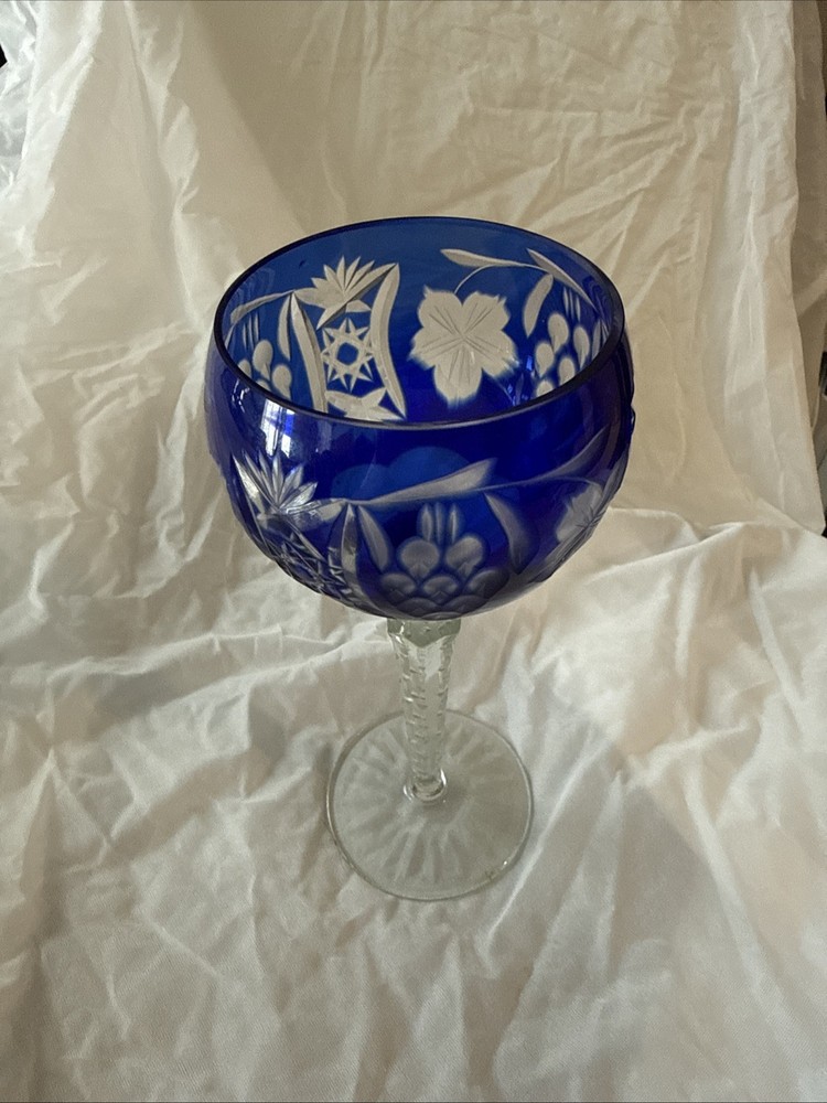 BOHEMIAN WINE GLASS MARSALA STYLE CASED COBALT BLUE CUT TO CLEAR CRYSTAL BOHEMIA