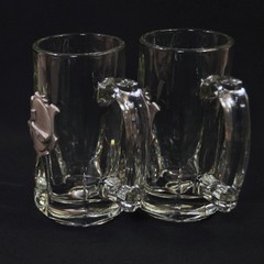 Libbey Clear Glass 2 Mugs Golf Theme Pewter Medallion 12 Ounces 5 7/8″ Tall HTF