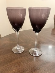 2 Murano Tall Hand Blown Tulip Clear Stem Wine Water Glasse Goblets Purple