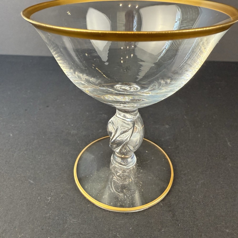 Lyngby Seagull Champagne Coupe Glass Danish Crystal Gold Rim Twisted Stem.