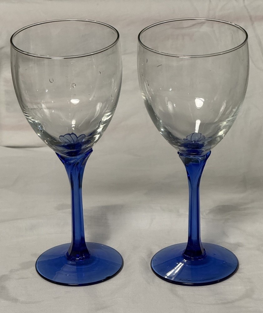 Libbey DOMAINE Vintage Wine Glasses/Goblets Cobalt Blue Flower Stem 8″ (2)