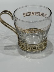 MCM Libbey Cups Greek Key Glass Punch Cocktail Coffee Gold Metal Handle Set Of 4
