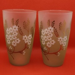 Vintage 1960s Set of 6 Libby Dogwood Frosted Glasses Painted Tumblers 5.5″ Tall
