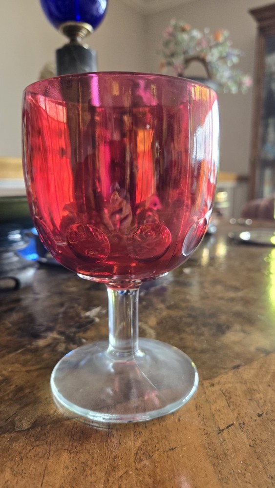 Vintage Bartlett Collins Cranberry Thumbprint Glass Goblet 14 oz., Mint Cond