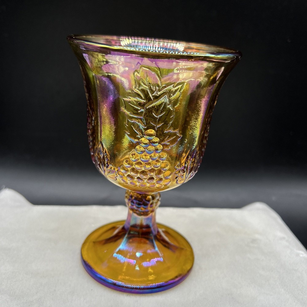 4 VTG Indiana Glass Iridescent Marigold Carnival Glass Harvest Grape Goblets Set