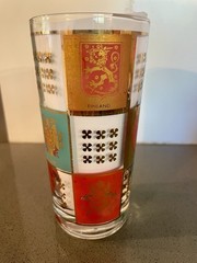 MCM Fred Press Highball Glasses Coat of Arms, Turquoise, Pink and Gold, Set of 2