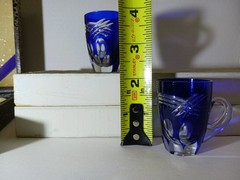 Vintage Cobalt Cut‑to‑Clear Crystal Demitasse Glasses-Boxed Set of 6–Bohemian