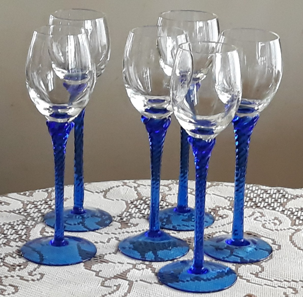 Set of 6 Colbalt Blue Twisted Swirl Stem Cordial / Sherry Glasses FREE SHIP