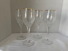 Set of 4 Mikasa Golden Lights Crystal 9″ Water Goblet Wine Glasses GOLD RIM