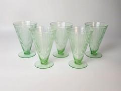 Antique Depression Era Vaseline Etched Glass Wine Sundae Tumblers Delicate Set 5